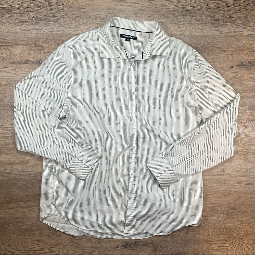 Karl Lagerfeld Shirt Men Large Regular Fit Button Cotton Camouflage White Black